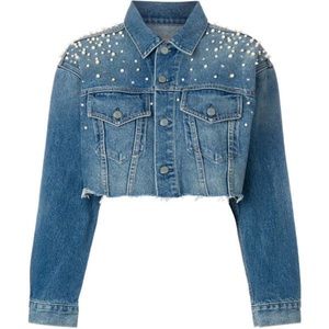 Grlfrnd Eve Cosmic Ray Blue Denim Pearl Embellished Cropped Jean Jacket XS Small
